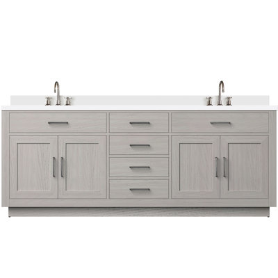 Meuble-lavabo double en chêne blanc avec comptoir en marbre de culture, robinets et meuble-lavabo à fermeture en douceur 84