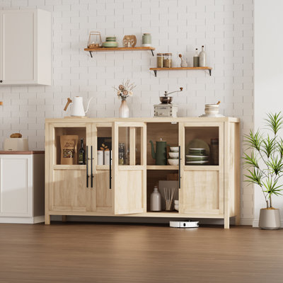 Buffet buffet avec 4 portes en verre, grande armoire-buffet de 55 po avec rangement, table de rangement de style campagne moderne