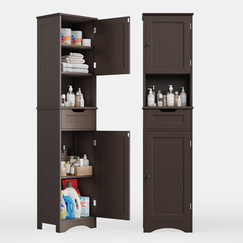 Freestanding Bathroom Storage, Tall Linen Cabinet with 2 Door and 1 Drawer, Adjustable Shelves, Brown, Brown
