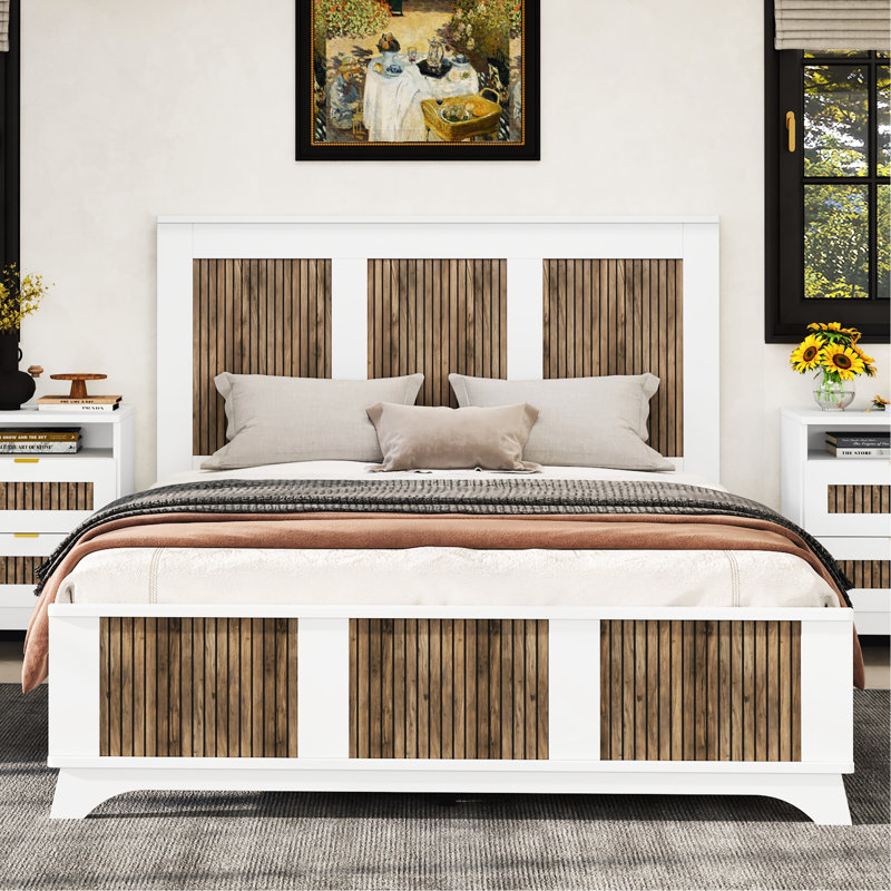Grand lit plateforme blanc, décoration à bandes de bois, lattes en contreplaqué stable, capacité de charge de 700 lb, lit de style sans sommier requis