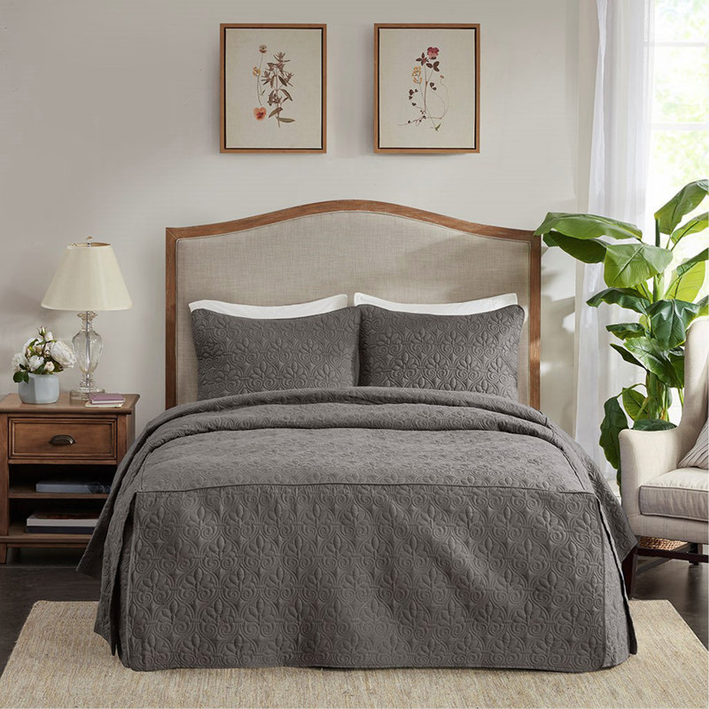 Couvre-lit plissé 3 pièces, Couvre-lit de grande taille + 2 taies décoratives, Gris foncé
