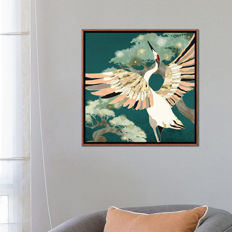 Golden Crane - impression d'art graphique, Aucun mat, H 26 po x l 26 po x P 1,5 po, Toile avec cadre en bois brun classique