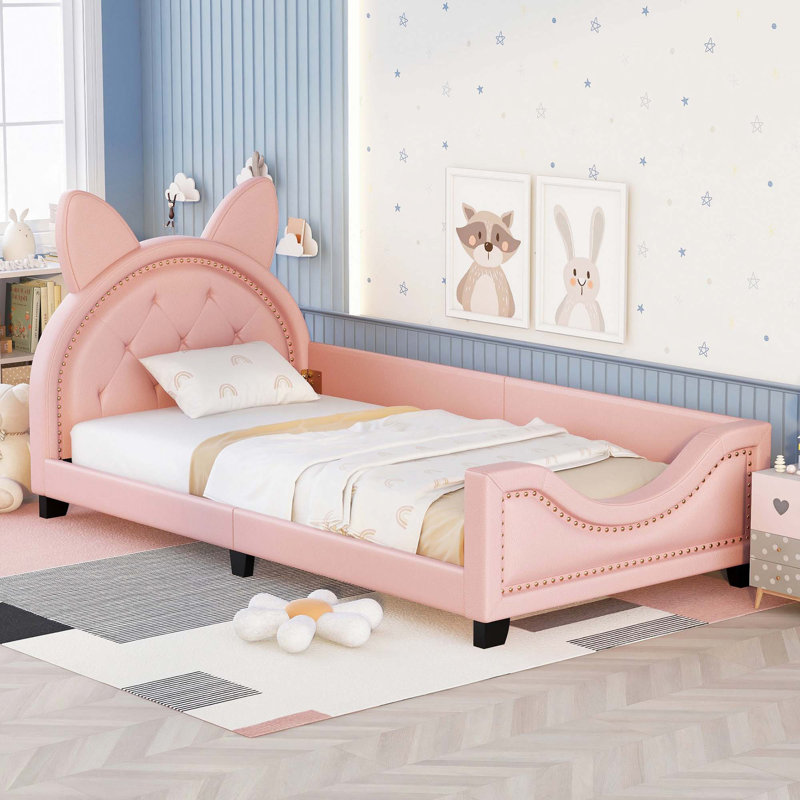 Lit de jour en similicuir avec tête de lit en forme d'oreille en carton, Rose