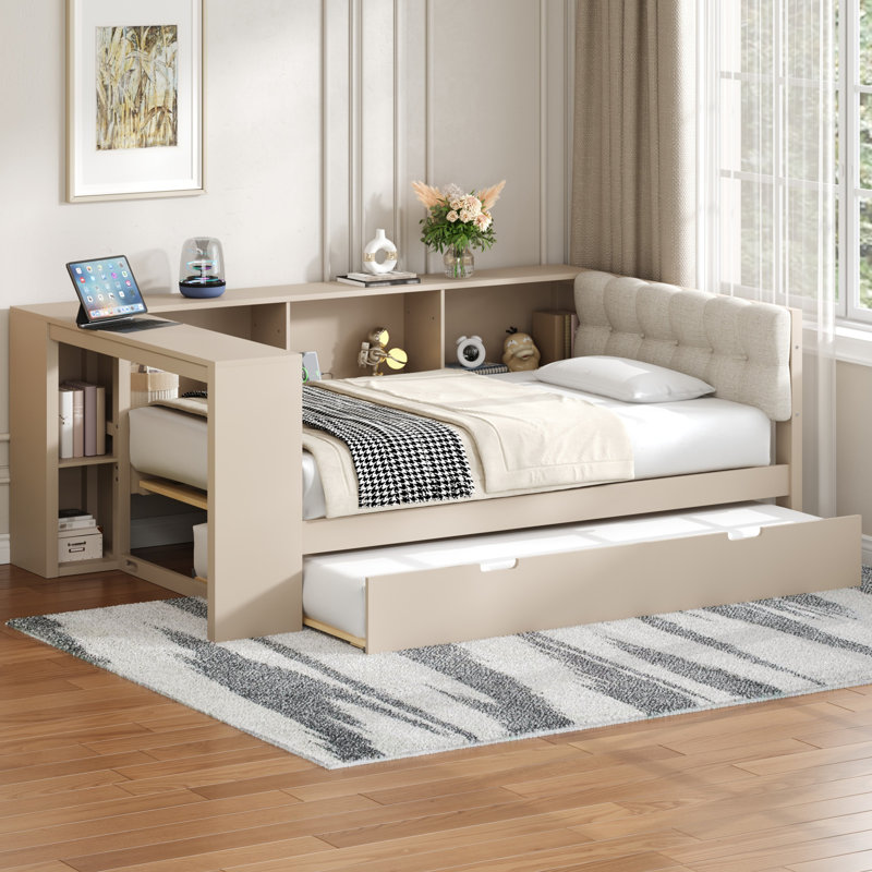 Lit plateforme simple avec rangement en bois et lit gigogne, station de charge et tête de lit tapissier, Lit simple, Crème