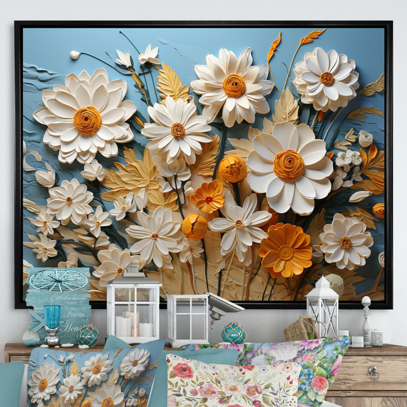 Daisies Daisy Delight I - Floral Canvas Wall Art, H 12 po x l 20 po x P 1 po, Cadre flottant noir