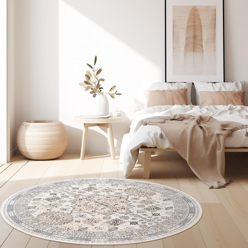 Medallion Non Slip Washable Rug(Beige), Round 4'
