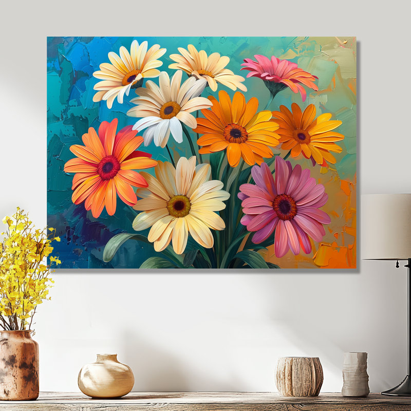 Impression florale vibrante de marguerites multicolores II - marguerites, Métal métal, H 12 po x l 20 po
