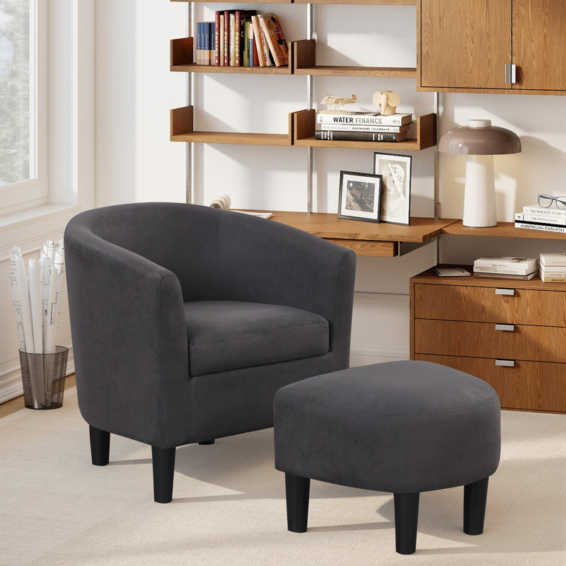 Fauteuil demi-tonneau et repose-pieds 25,5 po moderne et minimaliste rembourré (ensemble de 2), Lin gris