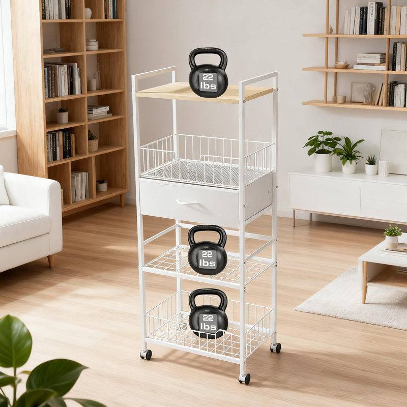 Porte-serviettes autoportant à 4 niveaux avec roulettes, étagère de rangement robuste en métal et en bois pour salle de lavage, bord de piscine, rangement compact avec tiroir