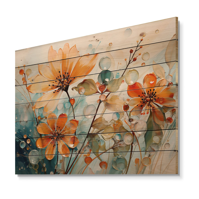 Peach Transparent Botany Floral Elegance - Plants Wood Art On Natural Pine Wood, 10" H x 20" W