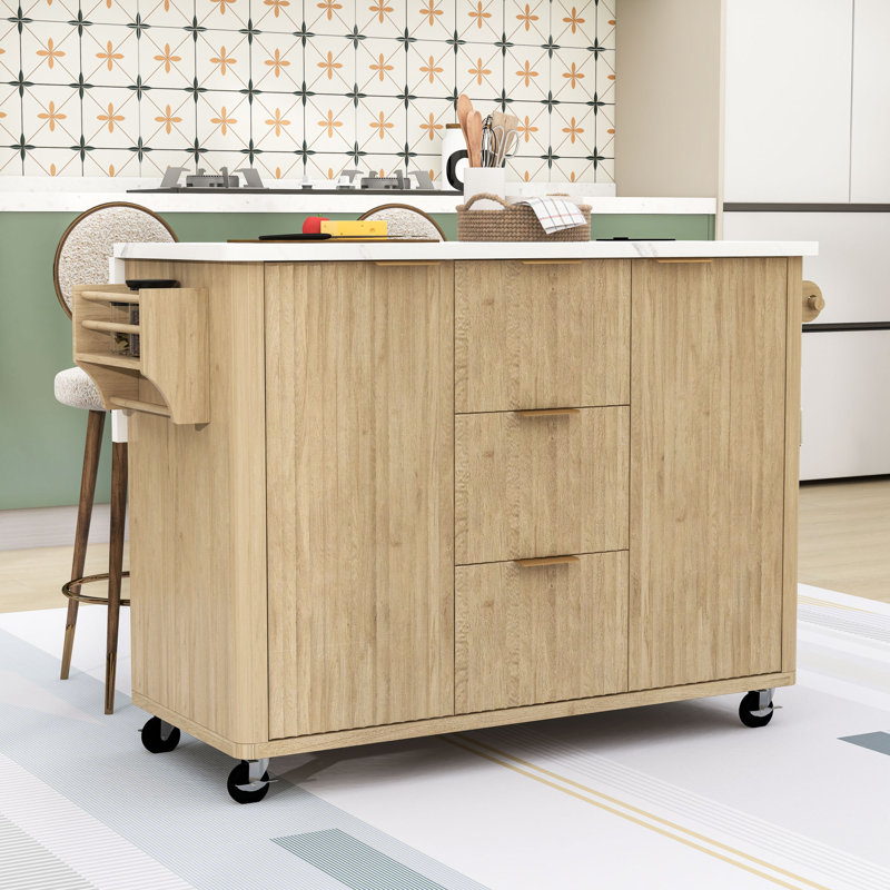 Îlot de cuisine avec abattant, prise de courant, rangement à 6 portes et tablettes réglables, Naturel