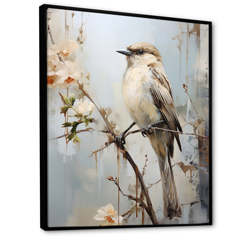 Minimalisme, oiseau beige sur une branche, Cadre flottant noir, H 32 po x l 16 po x P 1 po