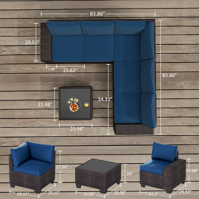 Ensemble de meubles de patio 6 pièces, Bleu lac, Marron foncé
