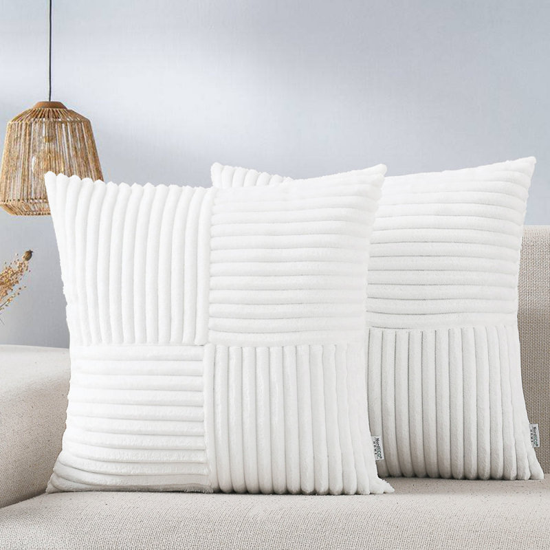 Housse de coussin carré en velours côtelé, Blanc, H 18 po x l 18 po