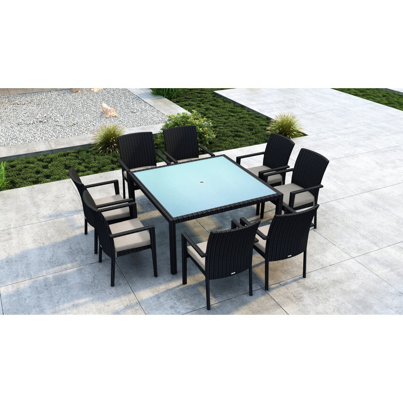 Thornaby 8 - Person Wood Patio Dining Set with Square Table, Canvas Flax Sunbrella® Canvas