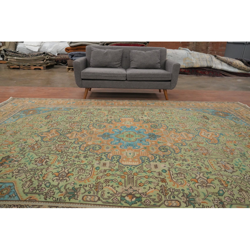 Tapis vert clair à motif géométrique traditionnel 9 x 12