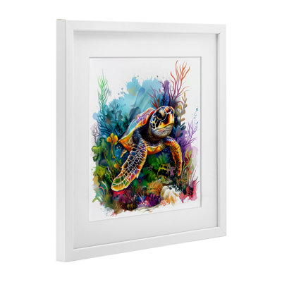 Tortue de mer et récif de corail vif, impression encadrée sous verre, design par LSR Design Studio