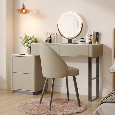 Edorta 55.12'' W Solid Wood Makeup Vanity Set with Lighted Mirror and Chair Stool Faux Leather Vanity Set