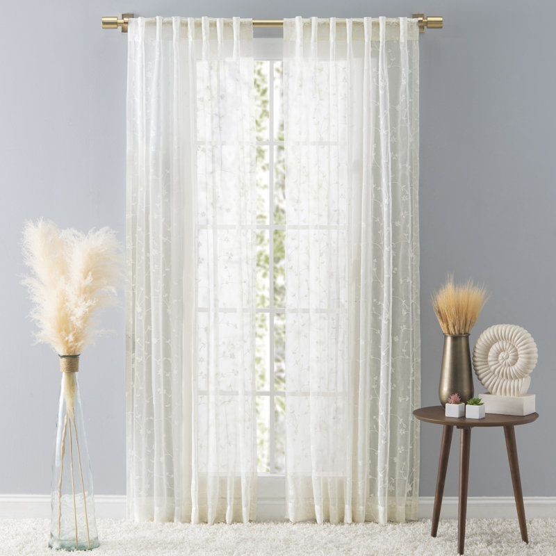 Elegant Embroidered Floral Semi-Sheer Rod Pocket w/ Back Tabs Curtain Panel, 51" W x 84" L, Ivory
