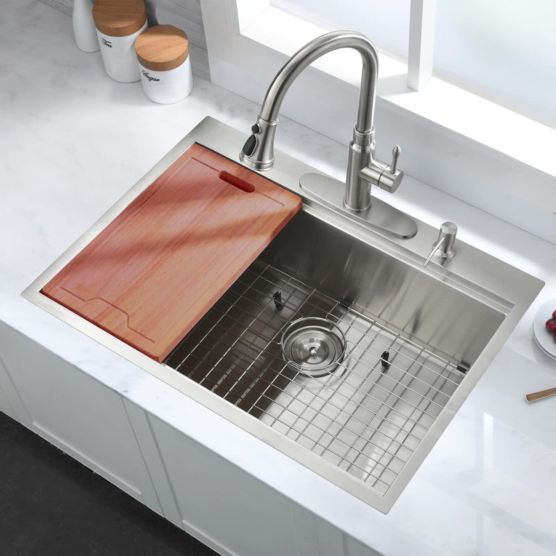 33" L x 22" W Drop In Kitchen Sink with Sink Grid and Drain Assembly, Brushed Nickel