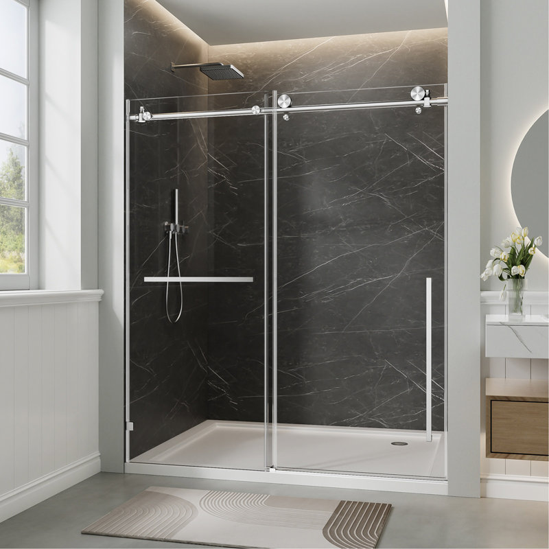 56"-60" W X 78" H Frameless Single Sliding Shower Door, Brushed Nickel Bathtub Door, 3/8" (10Mm) Clear Tempered Glass With Explosion-Proof Film, Stainless Steel Handle