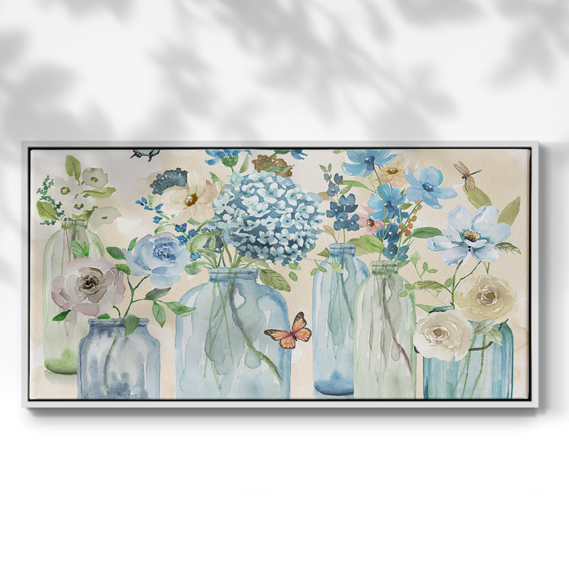 Jardin papillon bleu - Toile tendue avec châssis tendue, prête à être accrochée, H 21 po x l 41 po