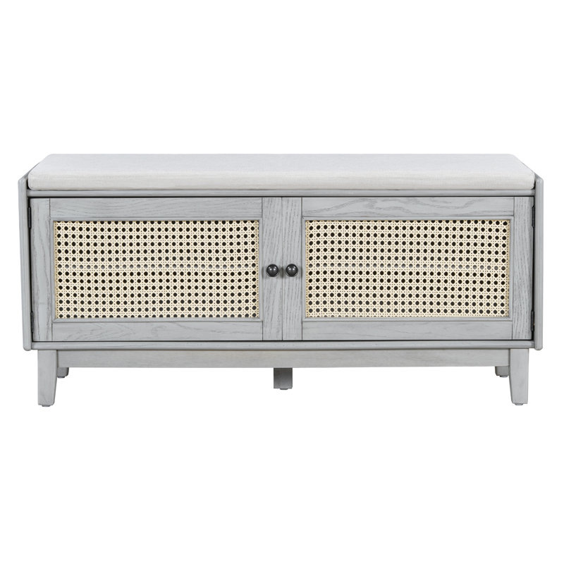 Boho Rattan Entryway Bench with Storage, Cushioned Wooden Shoe Organizer for Hallway, Gray Wash/Beige