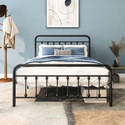 Lit plateforme en métal avec tête de lit rétro - soutien solide, pas de sommier tapissier, structure de rangement à structure complète 20% plus facile d'accès, apparence de chambre soignée