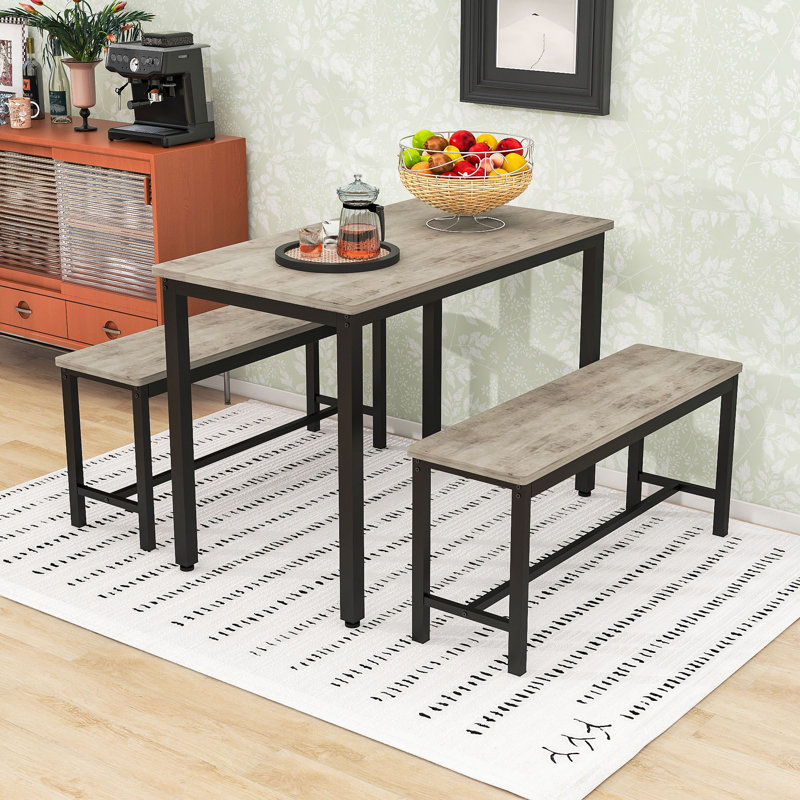 Ensemble de table à manger compacte 3 pièces pour 4 personnes - Bancs escamotables pour petits espaces, Gris