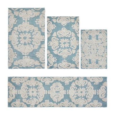 Chemash Premium 100% Cotton 1885 GSM 4-Piece Bath Rug Set, OEKO-TEX® Certified, Non-Slip Spray Latex Backing, Plush Tufted Bath Mats & Contour Rug for Shower, Bathtub, Vanity, Sink & Toilet Areas, Super Absorbent, Machine Washable, Blue
