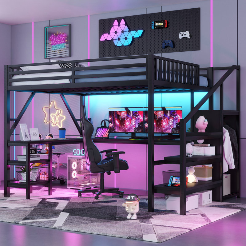 Grand lit mezzanine en métal avec garde-robe, lumière DEL, bureau en L et port USB - noir