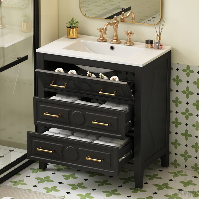 Ensemble de meuble-lavabo 30 po avec lavabo en céramique, 3 tiroirs, Noir, Doré