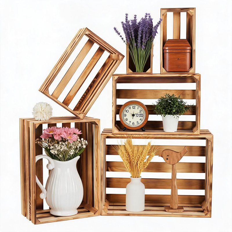 Set of 6 Rustic Wooden Storage Baskets – Stackable Pine Wood Crates with Handles – Farmhouse Style for Home, Garden, or Balcony – Nesting and Display Boxes – Light color