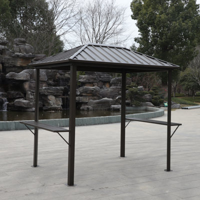 Grill Hardtop Gazebo 6×8 FT, Outdoor Metal Hard Top Structure, Permanent BBQ Gazebo With Galvanized Steel & Aluminum Frame, Shelved Pavilion For Patio, Backyard Lawn, Garden, Single - Roof Design
