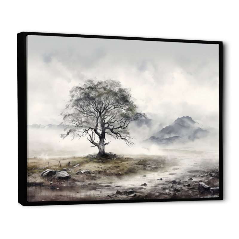 Monochrome Misty Tree Landscape II - Floral Wall Art Living Room, H 12 po x l 20 po x P 1 po, Cadre flottant noir