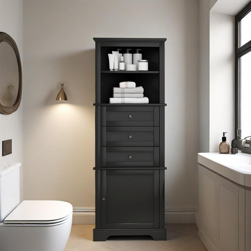 Triangle Tall Cabinet with 3 Drawers and Adjustable Shelves, Black