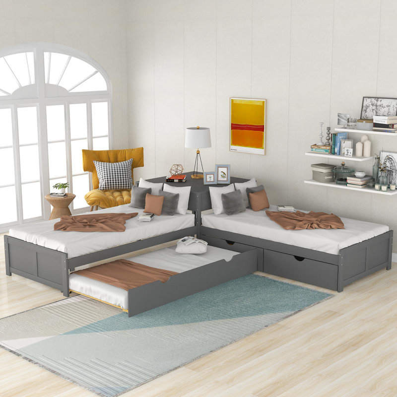 Base de lit simple en L avec lit gigogne, table de bout et table intégrée, Gris