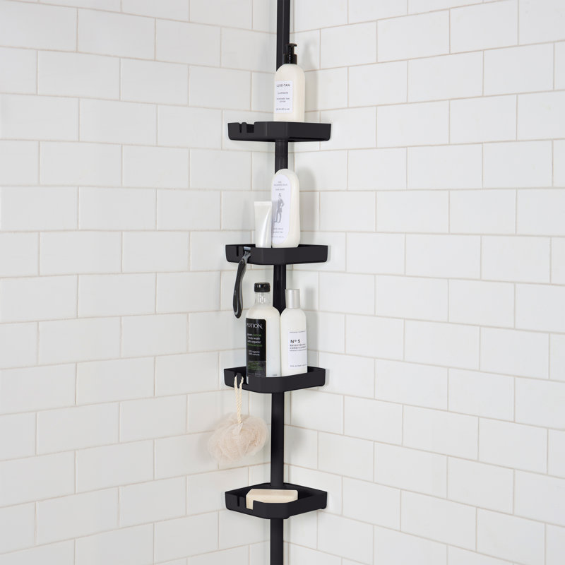Matte Black 4-Tier Tension Mount Shower Caddy Organizer