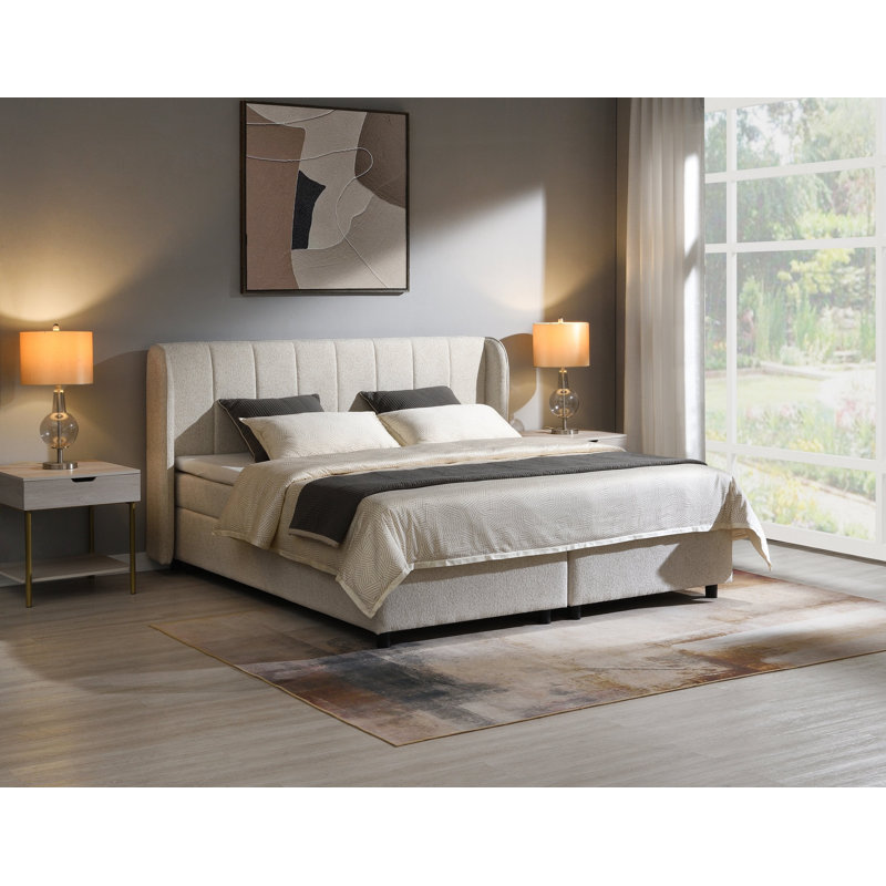 Grand lit en chenille beige Adonia avec rangement (matelas inclus)