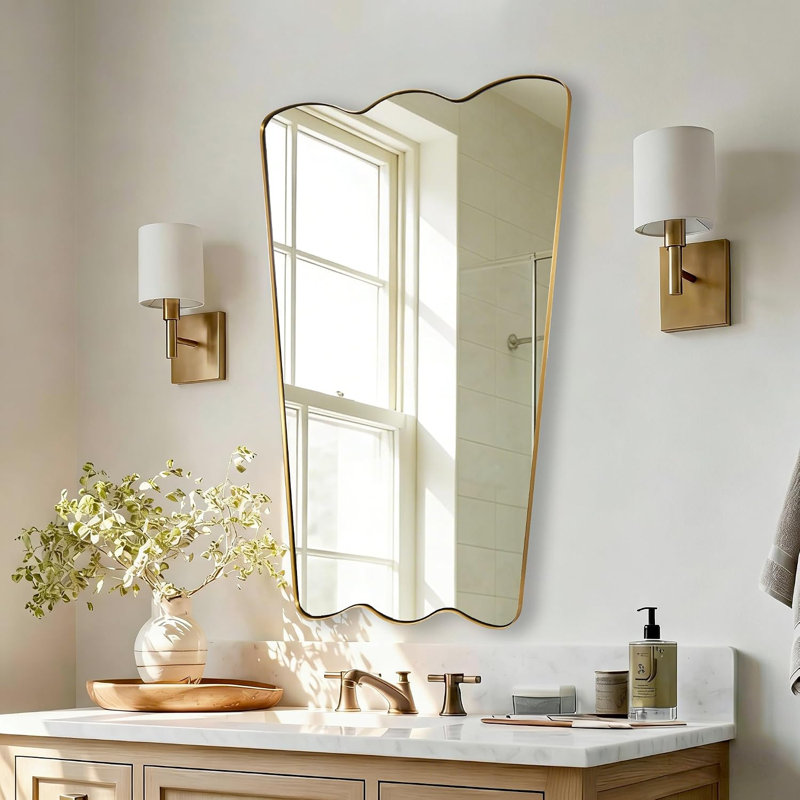 Miroir de salle de bain Modern Cadre en acier inoxydable, 38" x 26", Or brossé