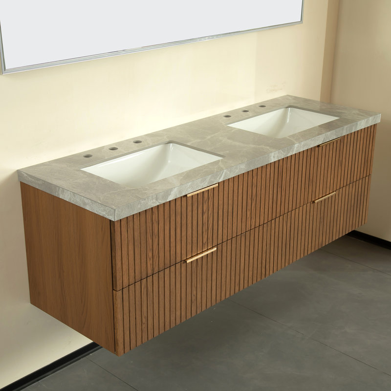 Meuble-lavabo mural 60 po avec lavabo double, comptoir en pierre frittée et 4 tiroirs, grain de bois espresso - pré-assemblé