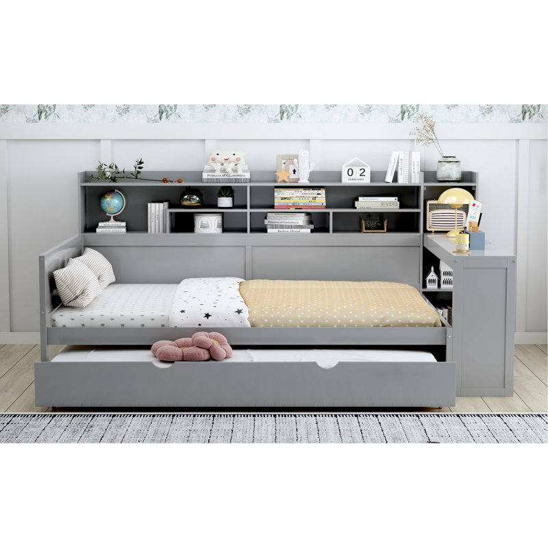 Full Size Wooden Daybed With Gray Finish, Featuring Trundle Bed, Study Desk And Storage For Bedroom Space Optimization Strategies Management