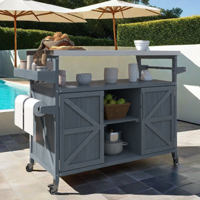 Leokadia Outdoor Farmhouse Kitchen Island with Stainless Steel Top