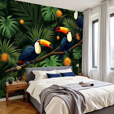 Peel and Stick Wallpaper Tropical Jungle Toucans Exotic Leaves Wall Murals 100"H x 144"W Removable PVC Wall Paper Self-Adhesive Wall Paintings Art Decor for Bedroom Living Room