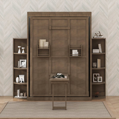 Queen Size Murphy Bed With Hidden Wall Cabinet, Dual 3-Tier Side Shelves, Convertible Desk, Extra Storage Rack