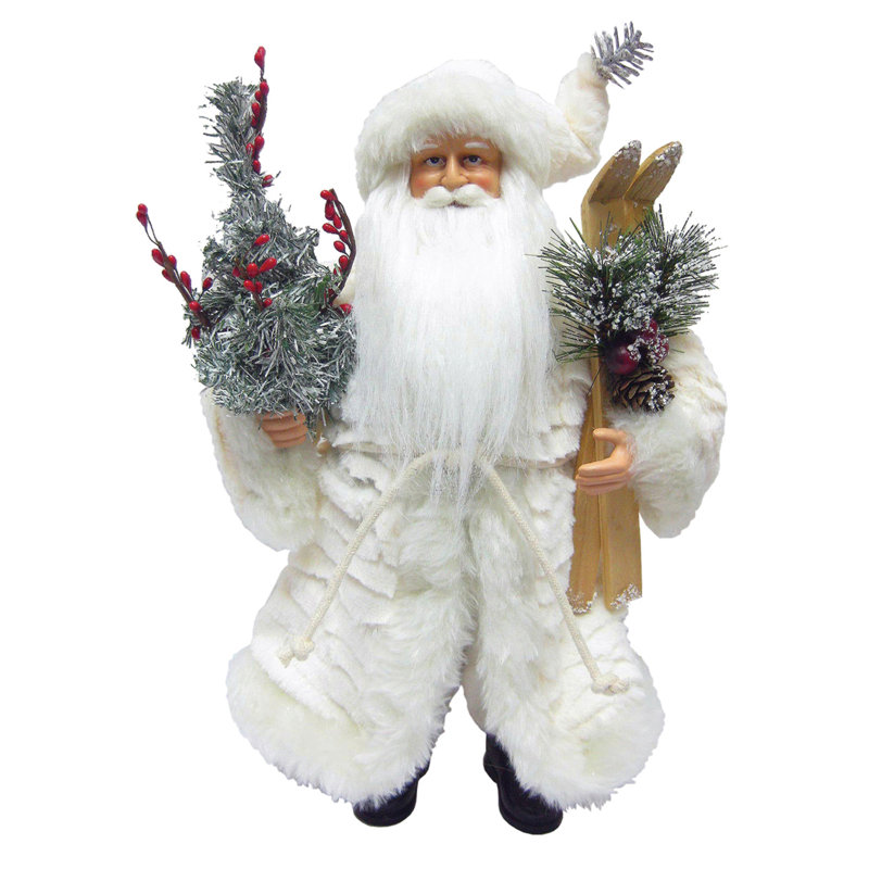 Classic Winter White Wooden Santa Figurine with Glitter