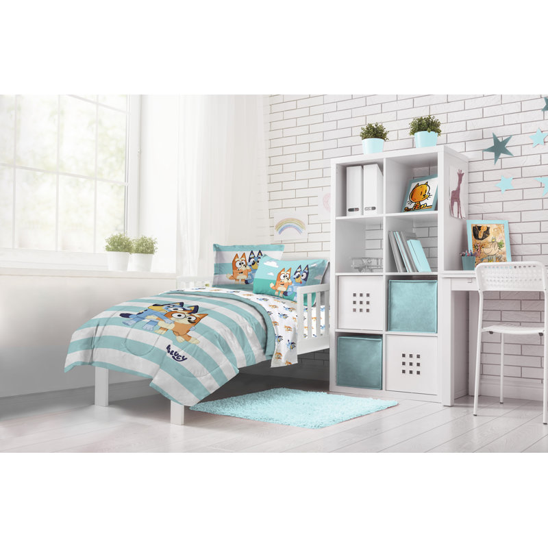 Blue and White Reversible Microfiber Toddler Bedding Set