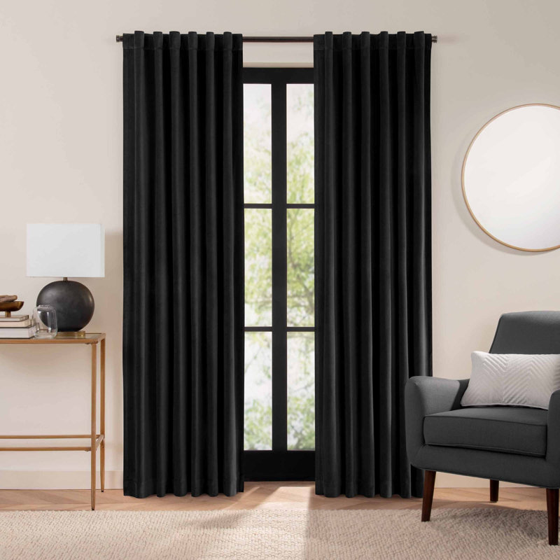 Eclipse Luxury Cotton Velvet 100% Blackout Rod Pocket Back Tab Curtain Panel, Black, 50" W x 108" L