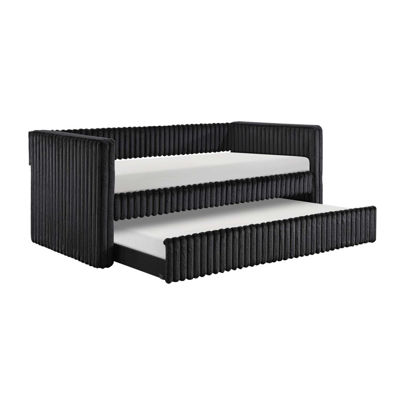 1Pc Daybed With Trundle Corduroy Fabric Upholstery Modern Luxury Home Furniture Durable Comfortable, Black