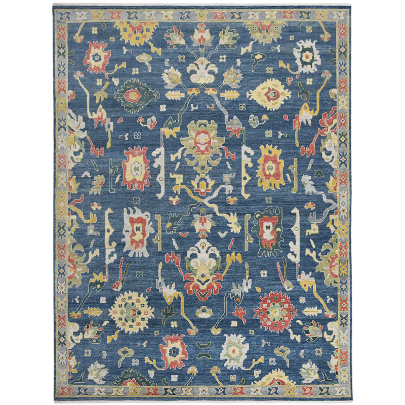 Bristol Hand Knotted Wool Area Rug in Blue; Rust; Grey; Yellow; Ivory, Rectangle 9' x 12'